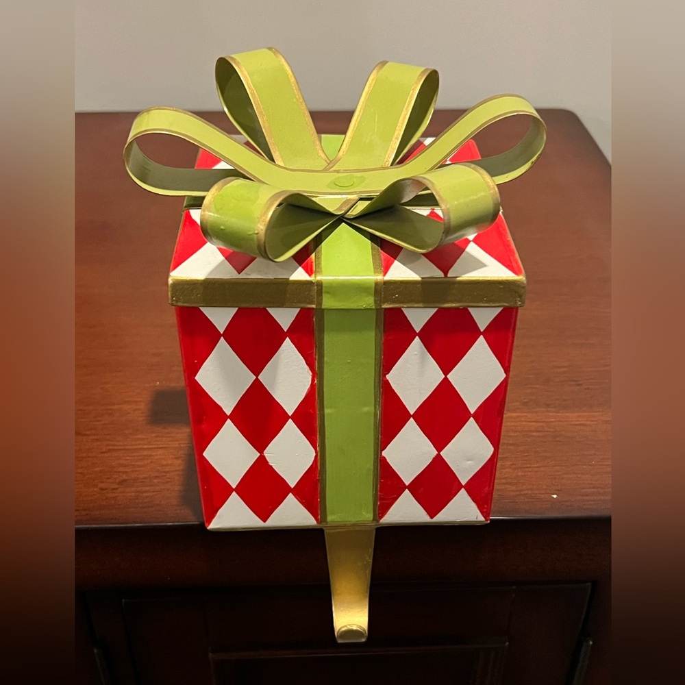 Ballard Designs Gift Box Stocking Holder, Red and White Harlequin Print